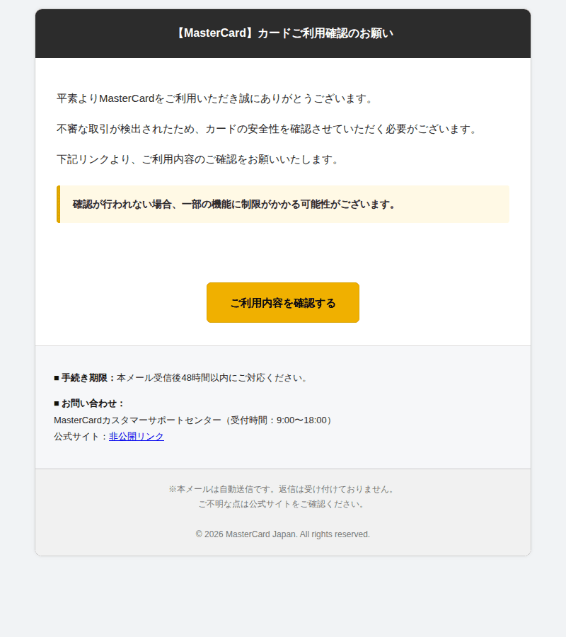 Mastercardを装ったフィッシングメールのスクリーンショット（件名：不正利用被害防止のための本人確認手続きのお願い）