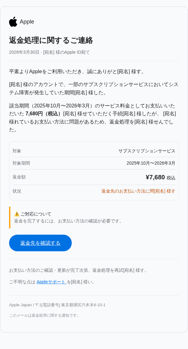 Appleを装ったフィッシングメールのスクリーンショット（件名：○○ ID セキュリティ通知）