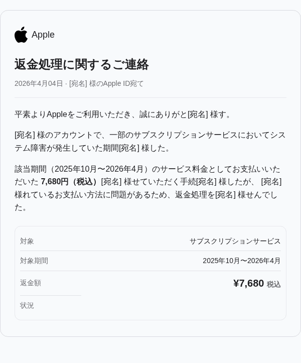 Appleを装ったフィッシングメールのスクリーンショット(件名:ID セキュリティ通知)
