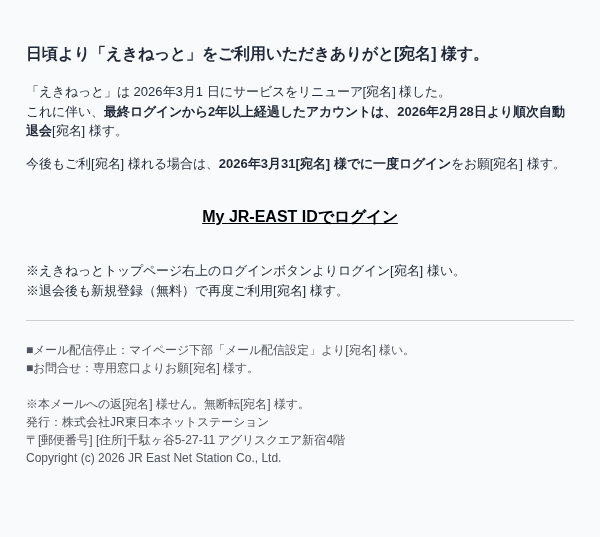 えきねっとを装ったフィッシングメールのスクリーンショット（件名：「新幹線eチケットサービス」えきねっとアカウントの自動退会処理について。）