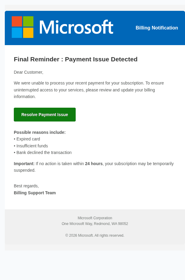 microsoftを装ったフィッシングメールのスクリーンショット（件名：○○ –）