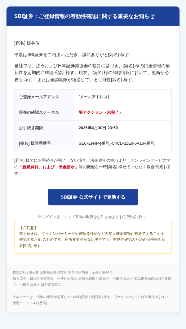 SBI証券を装ったフィッシングメールのスクリーンショット（件名：【重要】お客様の口座情報の登録状況に関するご確認.443038）