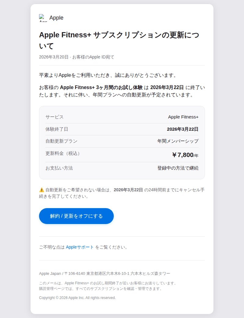 Appleを装ったフィッシングメールのスクリーンショット(件名:重要 apple fitness ご利用料金のお支払い情報をご確認ください)