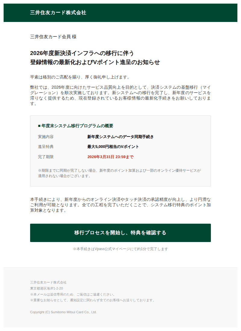 三井住友カードを装ったフィッシングメールのスクリーンショット(件名:undelivered mail returned to sender)