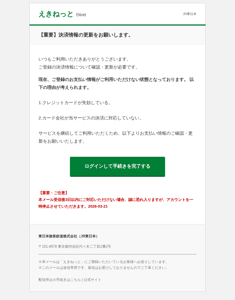 JREポイントを装ったフィッシングメールのスクリーンショット(件名:jr東日本 えきねっと お支払い情報のご確認と更新のお願い)