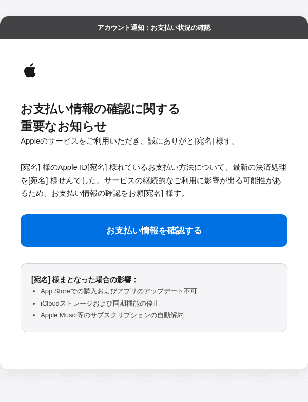 Appleを装ったフィッシングメールのスクリーンショット(件名:AppleID:お支払い方法に関するお知らせ)