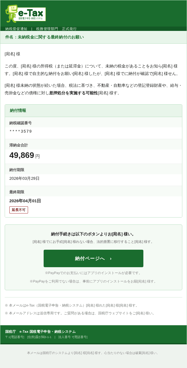 etaxを装ったフィッシングメールのスクリーンショット(件名:【重要】未納税金に関するお知らせ)